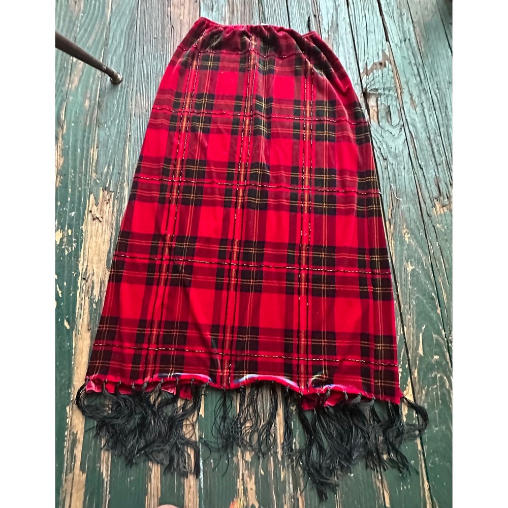 Ani Nicole by Ouida Red Plaid Velvet Maxi Skirt Beaded Fringe Slit Size M X691